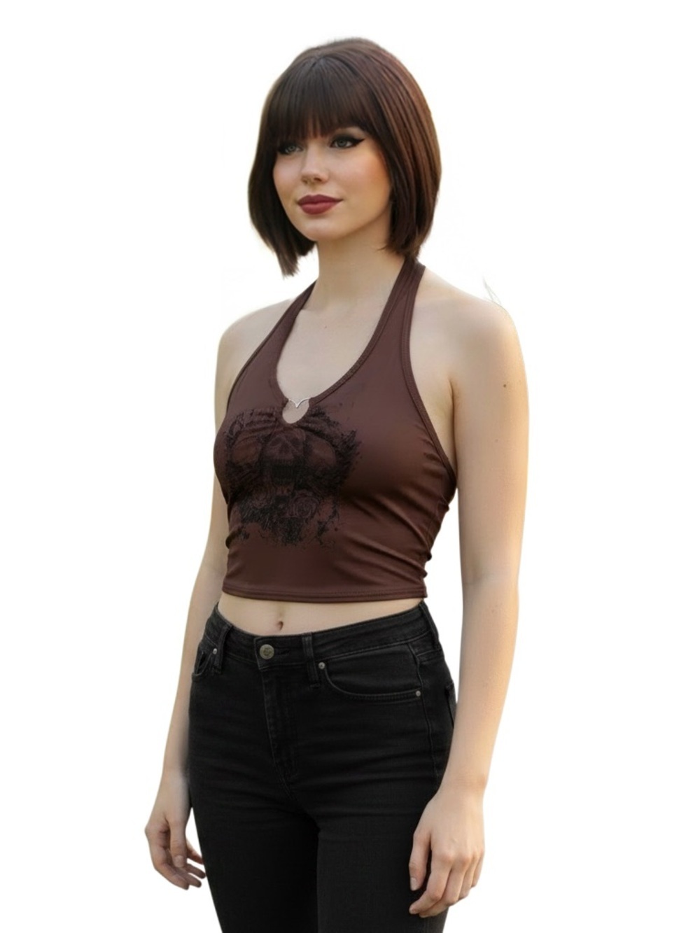 ROMWE M Brown Black Cropped Skull Top Punk Emo Goth